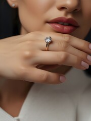 Ring mockup on woman hand closeup. Fashion beauty jewelry ring mockup on female finger, light color