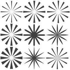 Radial sun burst. Black-white round sunburst icons. Starburst circles. Abstract stripes with center. Sunburst elements isolated on white background. Circular stars. Vector. EPS 10.