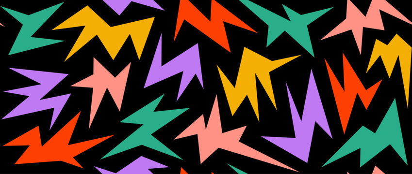 Colorful irregular spark and twinkle seamless pattern. Yellow, red, purple and green sharp shapes repeating background. Bright sharp edgy ornament wallpaper. Vector bright nursery repeated backdrop