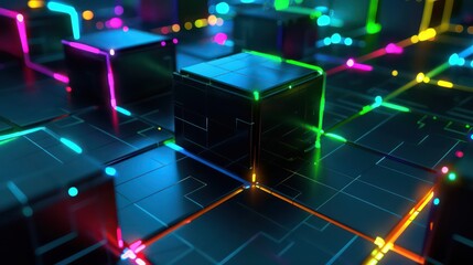 Futuristic 3D Geometric Cubes Shapes with Colorful Neon Lights on Dark Background, Abstract 3D Geometric Cubes Shapes with Colorful Neon Lights Background.