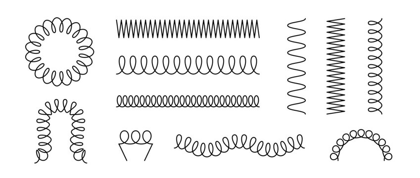 Set of spiral springs. Black metal wire coil collection. Thin spirals, zigzag lines, wire waves, flexible coils element pack for graphic design templates, decor. Vector illustration bundle