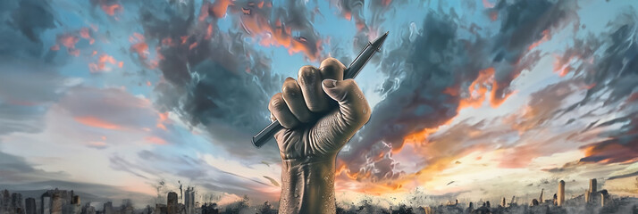  Concept idea of freedom of press, expression, speech, fist hand holding a pen up into the sky, 