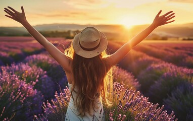 Happy young woman with hands up looking at lavender fields at sunset. beautiful view