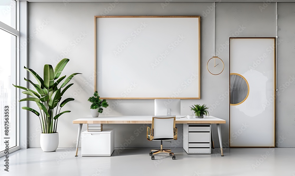 Poster perfect balance of elegance and simplicity with a white frame mockup in a modern office space