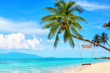 Here is Koh Samui sign and swing on palm tree, paradise tropical island sea sand beach, Koh Phangan view landscape, ocean water, Surat Thani, Thailand, summer holidays, vacation, Southeast Asia travel