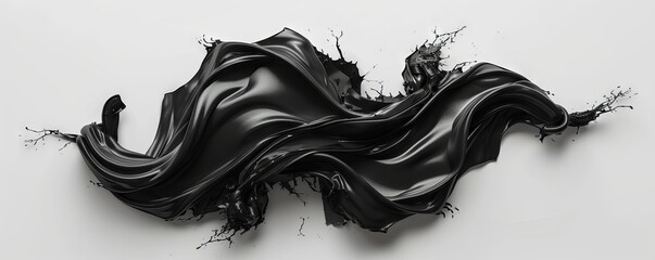 Black liquid, smooth and shiny like oil, flowing in a dynamic wave.
