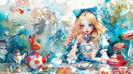 tea time in wonderland a little girl with long blond hair enjoys a cup of tea while surrounded by a variety of colorful fish and a doll on a transparent background