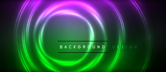 Vibrant neon circles in shades of purple and magenta illuminate a dark background, creating a captivating visual effect. The lighting technology used enhances the colorfulness of the art