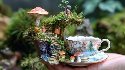 tiny world in a tea cup a pink finger holds a white cup with a white handle, surrounded by a variety of colorful flowers including red, orange, and red - orange blooms