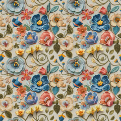 Floral embroidery from knitting wool, yarn, seamless pattern.