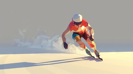 The image shows a man in a red and white suit ice skating on a frozen lake.