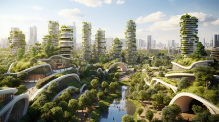 Green skyscraper building with plants growing on the facade. Ecology and green living in city, urban environment concept. ESG , Net Zero concept - Powered by Adobe