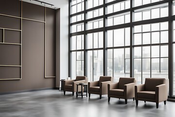Company lobby interior with neatly arranged armchairs, coffee table, windows. Walls, outside view through windows