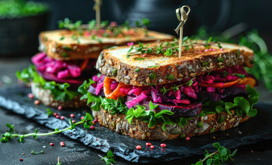 A photo of two vegan sandwiches with beets, whole grain bread and fresh vegetables on the table. Created with AI
