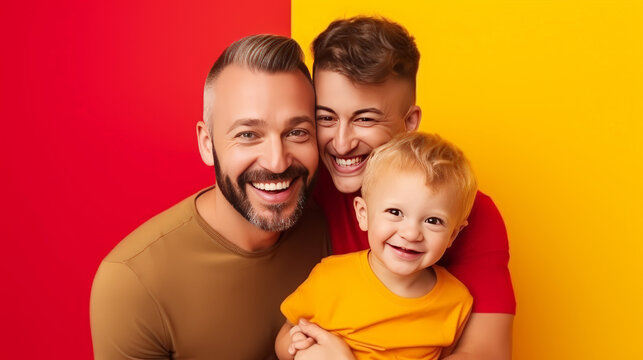 A Studio shot Portrait of happy gays couple with their son, yellow and red background , Pride month, Family