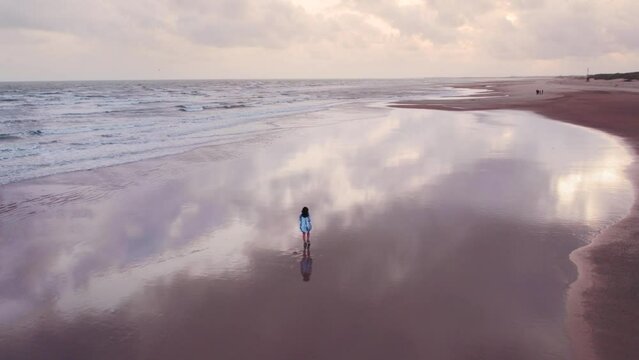 4k Aerial shot of young woman walking at sea shore during sunset at Mandvi, Gujarat, India. Sea waves at Mandvi beach aerial view. Girl reflection on wet sand at beach. Travel and holidays background.