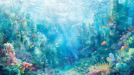 underwater utopia painting featuring a variety of colorful fish swimming in a vibrant blue underwater world, with a building in the background