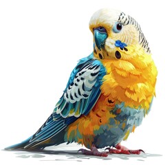 Obraz premium A curious pet parakeet with vibrant feathers and a perching spot isolated on white background 