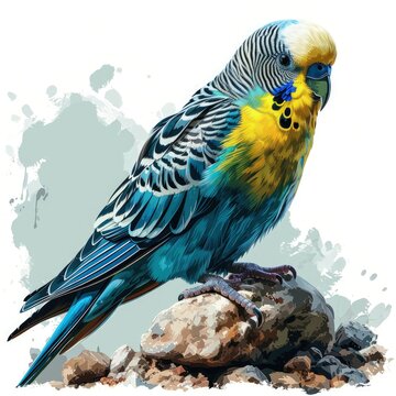 A curious pet parakeet with vibrant feathers and a perching spot isolated on white background 