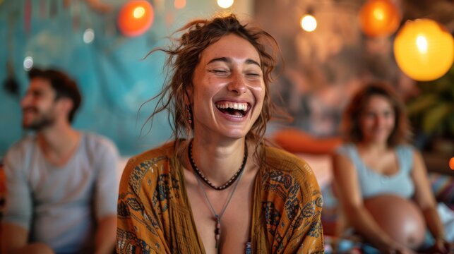 An uplifting image of a Caucasian pregnant woman laughing with her partner during a prenatal workshop, promoting emotional well-being