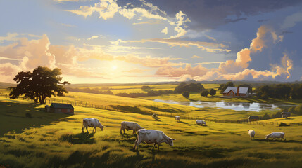 Fototapeta premium Herd of cows in the landscape. Farm, grass field and sky with clouds.