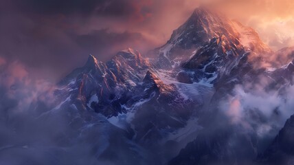  A majestic mountain peak bathed in the soft glow of sunrise, surrounded by a blanket of mist in the valley below. . 
