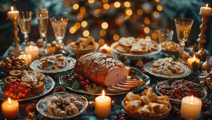 A beautifully set Christmas dinner table with an array of traditional dishes, slices of ham on platter. Created with Ai