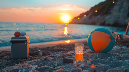 Beach Party: A beach ball, a Bluetooth speaker, and a cooler on a beach at sunset, setting the scene for a beach party.