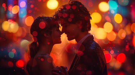 A young couple dancing amidst colorful lights