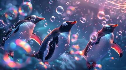 A pod of penguins is swimming