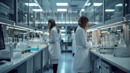 Fototapeta premium Biotechnology lab equipped with state-of-the-art equipment and machinery, scientists in white lab coats collaborating on groundbreaking research,