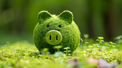 Piggy bank made with green moss in garden green economy eco investment concept