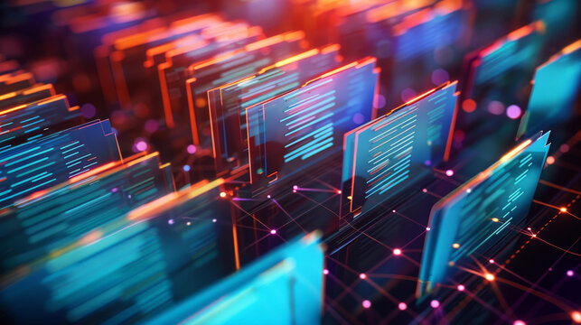 Abstract network grid with files and folders, futuristic software interface, digital document management system, store, search and organize documents, corporate business, paperless office