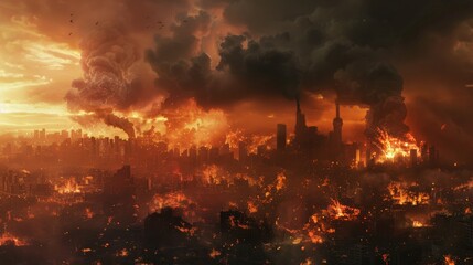 A city skyline in flames, smoke billowing into a stormy sky, depicting urban conflict and destruction