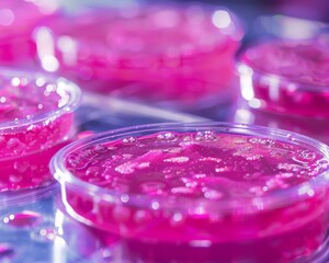 A closeup of a petri dish filled with growing muscle tissue, the building blocks of cultured meat