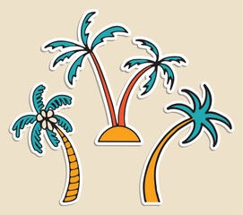 Stickers set of landscape elements for summer vacation travel, hand drawn vector doodles in flat style. Collection of icons of various palm trees.