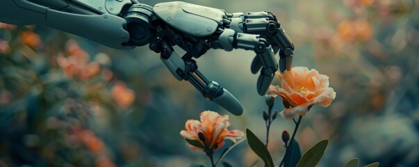 A closeup shot of a robotic arm with a single finger gently touching a delicate flower