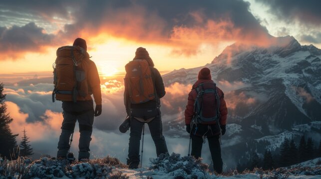 Cause and Origin, A diverse group of three adults, wearing professional hiking gear, begins their journey at the base of a picturesque mountain early in the morning.