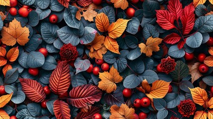 Fall colors are depicted over a setting of vivid, erratic red and orange foliages that have fallen and withered lovely full frame view and space, Generative AI.