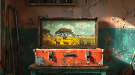 A toolbox but inside is the African savanna