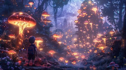 a person in a forest with large glowing mushrooms.