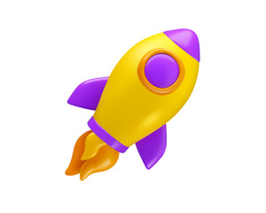 Rocket vector 3d icon. Space ship launch. Flying spacecraft as business startup concept. Cartoon simple shiny toy