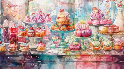 whimsical bakery display featuring a variety of cakes and cupcakes, including pink, white, and multi - colored varieties, displayed on a glass shelf