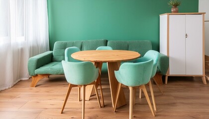 Mint color chairs at round wooden dining table in room with sofa and cabinet near green wall