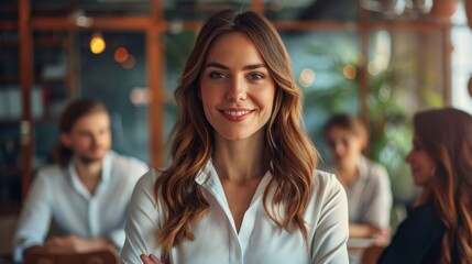 A woman with a serene smile in a white shirt appears welcoming in a cafe setting with a friendly atmosphere