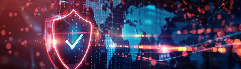 Naklejka premium A glowing digital shield with a checkmark in the center, displayed in front of a world map, signifying successful global network security measures