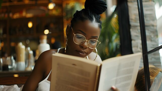 Young black woman in eyeglasses reading book while sitting at cafe