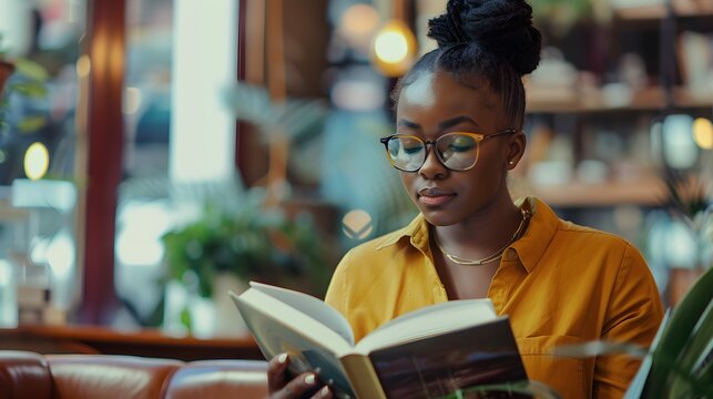 Young black woman in eyeglasses reading book while sitting at cafe