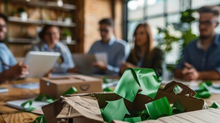Fototapeta premium Environmental Concern Concept: Business team discussing recycling policy in an office meeting room.