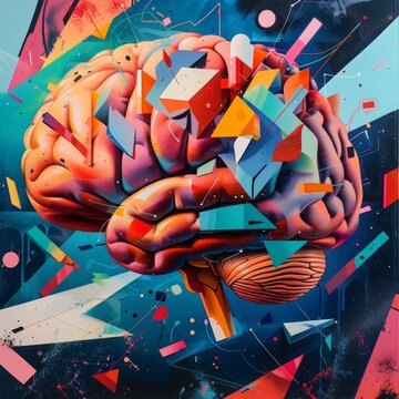 A human brain rendered in a cubist style, with each fragment exploding into vibrant colors and shapes, showcasing the multifaceted nature of creativity